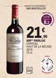 Faqja  Claber Rutas Dank  PAUILLAC  2028  QUANTITÉ DISPONIBLE 948 BOUTEILLES  21€  ,90  AOP PAUILLAC CHATEAU HAUT DE LA BÉCADE  2018 75 cl.  Hole par la wine advisor  8,2  veper  get  Paissa  CA 