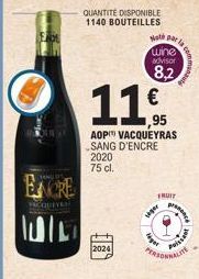 CQUIVES  UL  2024  QUANTITE DISPONIBLE 1140 BOUTEILLES  €  ,95  AOP VACQUEYRAS SANG D'ENCRE  2020 75 cl.  Wol para wine advisor  8,2  seger  leget  FRUIT  MORGACH  Poiss 