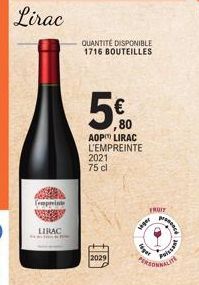 LIRAC  empreinte  2029  QUANTITÉ DISPONIBLE 1716 BOUTEILLES  5€  80  AOP LIRAC L'EMPREINTE 2021 75 cl  FRUIT  ger  www  Puissant 