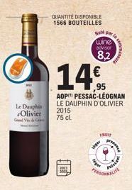 #F  Le Dauphin Olivier  Gal Vide  flaf  QUANTITE DISPONIBLE 1566 BOUTEILLES  14%  AOP PESSAC-LÉOGNAN LE DAUPHIN D'OLIVIER 2015 75 cl.  Hot par la wine advisor  8,2  FRUIT  seger  Nige  Puiss  pre 