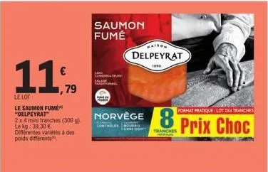 11,  €  1,79  le lot  le saumon fumé "delpeyrat"  2 x 4 mini tranches (300 g). le kg: 39,30 €  différentes variétés à des poids différents,  saumon fumé  norvège  maison  delpeyrat  1990  8  tranches 