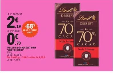 LE 1 PRODUIT  20  1,19 -68% LE 2" PRODUIT SLE 2 PROGET  ACHETE  070  ,70  TABLETTE DE CHOCOLAT NOIR  "LINDT DESSERT"  200 g  Le kg: 10.95 €  Par 2 (400 g): 2,89 € au lieu de 4,38 €.  Le kg 7,23 €  Lin