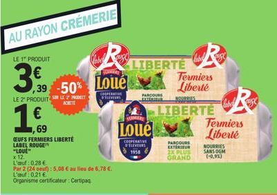 AU RAYON CRÉMERIE  LE 1" PRODUIT  3,90  ,39 -50% LE 2 PRODUIT SUR LE 2 PRODUIT  1.60  1,69  CEUFS FERMIERS LIBERTÉ LABEL ROUGE  "LOUE"  x 12.  L'œuf: 0.28 €  Par 2 (24 oeuf): 5,08 € au lieu de 6,78 €.