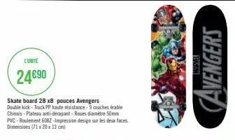 lunite  24€90  skate board 28 x8 pouces avengers  double kick-truck pp haute résistance-9 couches érable chinois-plateau anti-dérapant-roues diamètre 50mm  pvc-roulement 608z-impression design sur les