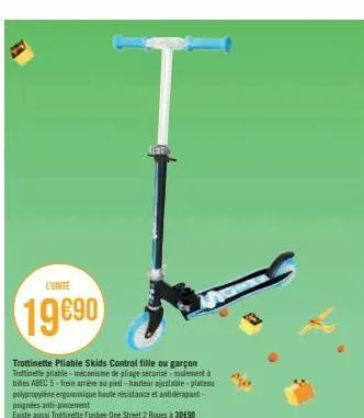 l'unite  19690  trottinette pliable skids control fille ou garçon trottinette pliable-mécanisme de pliage sécurisé-moulement à billes abec 5-frein arrière au pied-hauteur ajustable-plates polypropylen