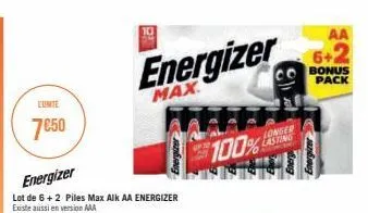 cunte  7€50  energizer  max  100%  (8)  longer lasting  aa  6+2  bonus pack 