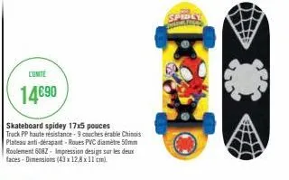 eunite  14€90  skateboard spidey 17x5 pouces truck pp haute résistance-9 couches érable chinois plateau anti-dérapant-roues pvc diamètre 50mm roulement 6082- impression design sur les deux faces-dimen