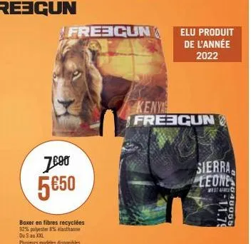 frecun  76⁹0 5€50  boxer en fibres recyclées 92% polyester 8% elasthanne du s au xxl plusieurs modèles disponibles  kenya frescun  elu produit  de l'année  2022  sierra leone  west af  -11.79  48055 