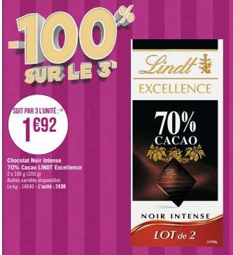 SOIT PAR 3 L'UNITÉ:  1692  Chocolat Noir Intense 70% Cacao LINDT Excellence 2x 100 g (200 g)  Autres variétés disponibles Lekg: 14640-L'unité: 2€88  -100%  SUR LE 3 Lindt  EXCELLENCE  70%  CACAO MOR  