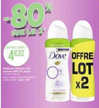 SONT PAR 2 L'UNITÉ  4632  Déodorant atomiseur soin apaisant DOVE 0% alcool 2x 100 ml (2000)  Autres varetes ou formations Leldre 360 L'unité:7620  compresse  Dove OFFRE  LOT x2  1%  son apaisant  Prod