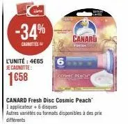 -34%  carottes  l'unité : 4€65 je cagnotte:  1658  canard  forrhit  6  copre peach  canard fresh disc cosmic peach 1 applicateur + 6 disques  autres variétés ou formats disponibles à des prix différen