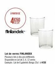 à partir de  le lot  finlandek  lot de verres finlandek plusieurs lots à des prix différents disponible en lat de 3, 6, 12 verres  exemple: lot de 6 gobelets bongo 25cl à 450 