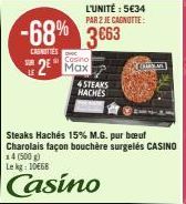 L'UNITÉ : 5€34 PAR 2 JE CAGNOTTE:  -68% 3663  CASNITIES  2 Max  4 STEAKS HACHES  CHARMS 