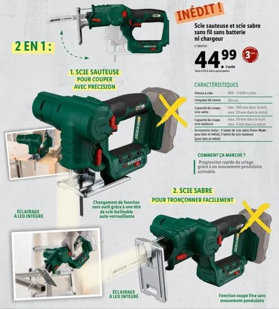 2 en 1:  éclairage à led intégré  1. scie sauteuse pour couper  avec précision  longk  changement de fonction sans outil grâce à une tête de scie inclinable auto-verrouillante  parkside  éclairage à l