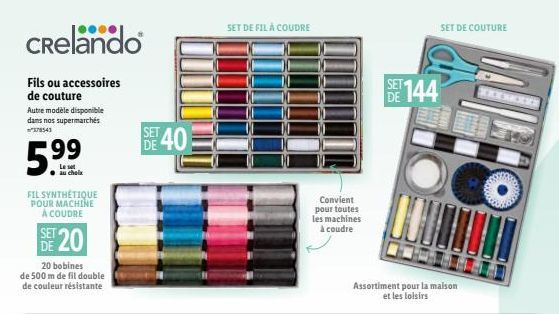 Crelando  Fils ou accessoires de couture Autre modèle disponible dans nos supermarchés  378543  Le set  FIL SYNTHÉTIQUE POUR MACHINE À COUDRE  DE 20  20 bobines de 500 m de fil double de couleur résis