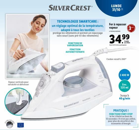 Vapeur verticale pour rafraichir et défroisser  SILVERCREST  TECHNOLOGIE SMARTCARE:  un réglage optimal de la température, adapté à tous les textiles protège les vêtements et permet un repassage sans 