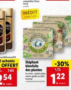 INÉDIT chez Lidl  FUSION 100% FLATES  DES  BIENFAITS  INFUSION ID0% PLANTES  A  PAND CALINE  PLANTES  Eléphant bienfaits des plantes  Au choix: grand calme. ventre apaisé ou élixir hivernal  #56357350