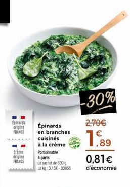 Épinards origine FRANCE  Crème  origine  FRANCE  Épinards en branches cuisinés à la crème  Portionnable  4 parts  Le sachet de 600 g  Le kg: 3,15€-83855  -30%  2,70€  189  0,81 €  d'économie 