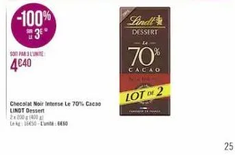 soit par 3 lunite  4€40  chocolat noir intense le 70% cacao  lindt dessert  2x 200 g (400 g  le kg 1650-l'unité 650  lindt  dessert  70%  cacao  ne  fam  lot de 2  25 
