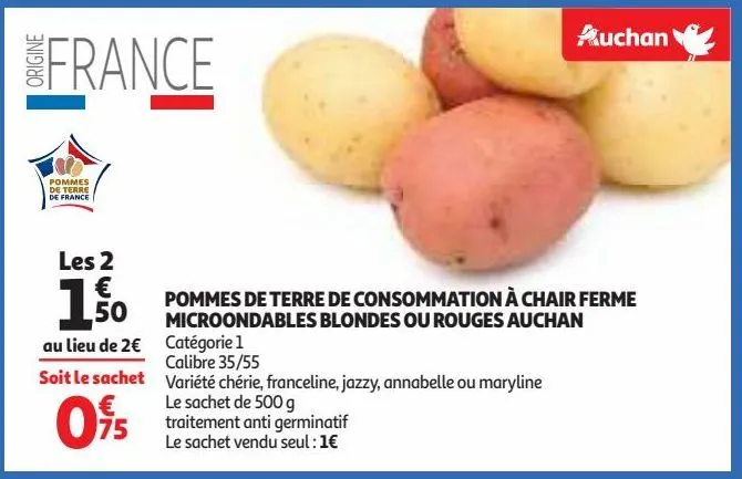 pommes de terre de consommation à chair ferme microondables blondes ou rouges auchan