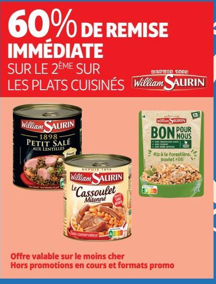 60% DE REMISE IMMÉDIATE SUR LE 2ÈME SUR LES PLATS CUISINÉS