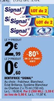 0,60  ,99  -80%  LE 2 PRODUIT SUR LE 2 PRODIT  ACHETE  DENTIFRICE "SIGNAL"  Au choix: Fraicheur, Blancheur, Eclat Brillance, Système Blancheur ou Charbon 2 x 75 ml (150 ml). Le L: 19,93 €. Par 2 (300 