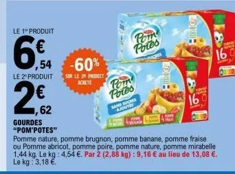 le 1" produit  6€  le 2º produit  2.€2  62  gourdes "pom'potes"  ,54 -60%  sur le 20 produit achete  pom  potes  pom  potes  sans sucres ajoutes  pomme nature, pomme brugnon, pomme banane, pomme frais