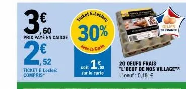 ,60 prix payé en caisse  2,52  ,52  ticket e.leclerc compris*  e.leclerc  ticket  30%  avec la carte  soit 16  sur la carte  20 oeufs frais "l'oeuf de nos village  l'oeuf : 0,18 €  oeufs  de france  