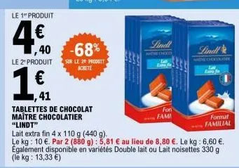le 1" produit  4.€0  ,40 -68%  le 2º produit sur le 20 produit  ,41  tablettes de chocolat maitre chocolatier "lindt"  lindl  math chhood  for  fami  lait extra fin 4 x 110 g (440 g).  le kg: 10 €. pa