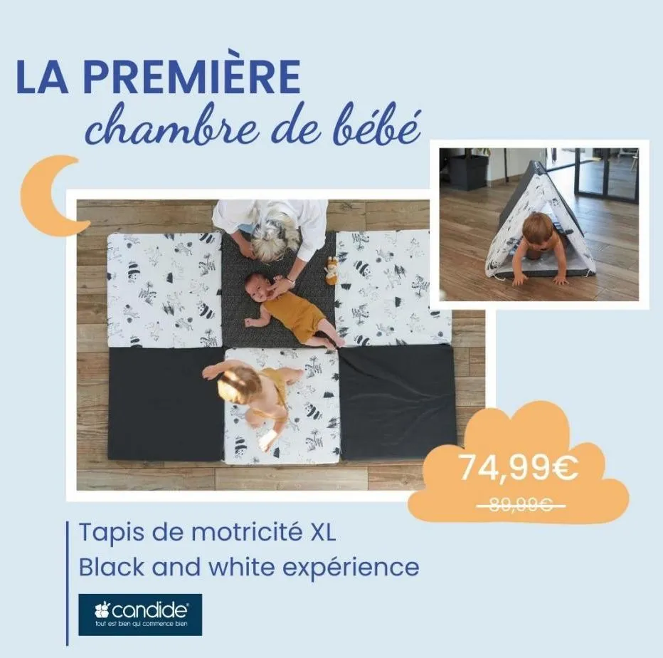 la première chambre de bébé  tapis de motricité xl black and white expérience  candide  tout est bien qui commence bien  t  74,99€  -89,90€  