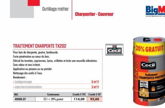 TRAITEMENT CHARPENTE TX202  Pour bois de charpente, poutre, lambourde.  Forte pénétration au coeur du bois.  Détruit les termites, capricornes, lyctus, vrillettes et évite une nouvelle infestation. Sa