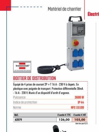 brennenstuhl  BOITIER DE DISTRIBUTION  Équipé de 4 prises de courant 2P+T 16 A-230 V à clapets. En plastique avec poignée de transport. Protection différentielle 30mA -16 A-230 V. Munis d'un dispositi