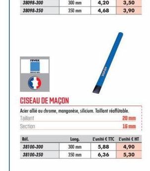 Ref.  38100-300  38100-350  Long.  300 mm  350 mm  CISEAU DE MAÇON  Acier allié au chrome, manganèse, silicium. Taillant réaffutable. Tallant  Section  FEVER  5,88  6,36  L'unité €TTC L'unité € HT  4,