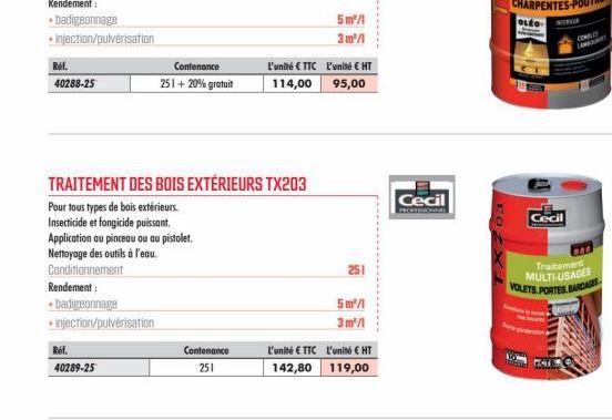 badigeonnage  injection/pulvérisation  Ref. 40288-25  badigeonnage  injection/pulvérisation  Ref.  40289-25  TRAITEMENT DES BOIS EXTÉRIEURS TX203  Pour tous types de bois extérieurs.  Insecticide et f