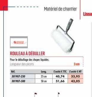 ROULEAU À DÉBULLER  Pour le débullage des chapes liquides. Longueur des picots  Ref.  301907-250  301907-500  Matériel de chantier  Long.  25 cm  50 cm  3  3cm  L'unité € TTC L'unité € HT  40,74  33,9