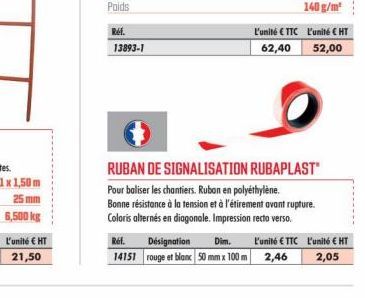 1x 1,50 m  25 mm 6,500 kg L'unité € HT 21,50  Ref.  13893-1  L'unité € TTC  62,40  Ref. Désignation Dim. L'unité € TTC 14151 rouge et blanc 50 mm x 100 m 2,46  RUBAN DE SIGNALISATION RUBAPLAST"  Pour 