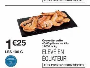 1 €25  les 100 g  crevette cuite 40/60 pièces au kilo 12€50 le kg  élevé en équateur  au rayon poissonnerie 