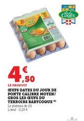 20  T  € 1,50  LE PRODUIT  CEUFS DATES DU JOUR DE PONTE CALIBRE MOYEN/ GROS LES CEUFS DU TERROIRS BABYCOQUE™ Le plateau de 20 L'oeuf 0,23 €  bele COOCE  K 