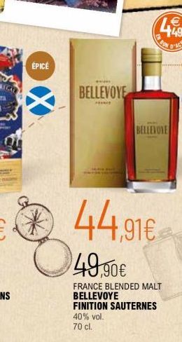 ÉPICÉ  BELLEVOYE  FEE  40% vol.  70 cl.  BELLEVOYE  FRANCE BLENDED MALT BELLEVOYE FINITION SAUTERNES  € 