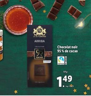 J.D. GROSS  ARRIBA  CACAO  Chocolat noir 95% de cacao  122201  AMTRACK  125 g  14⁹ 