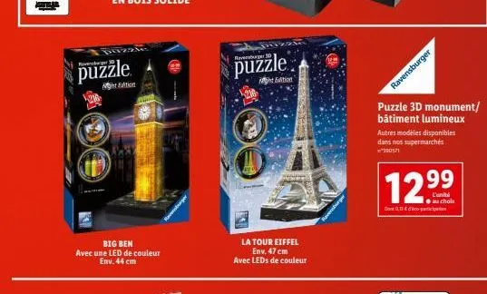 puzzle  mon  big ben  avec une led de couleur env. 44 cm  ravensburger  puzzle  mght edition  la tour eiffel env. 47 cm avec leds de couleur  ravensburger  puzzle 3d monument/ bâtiment lumineux  autre