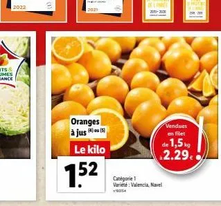 2022  2021  oranges à jus (4) ou (5)  le kilo  152  catégorie 1 variété: valencia, navel  vendues en filet  de 1,5 kg 2.29. 