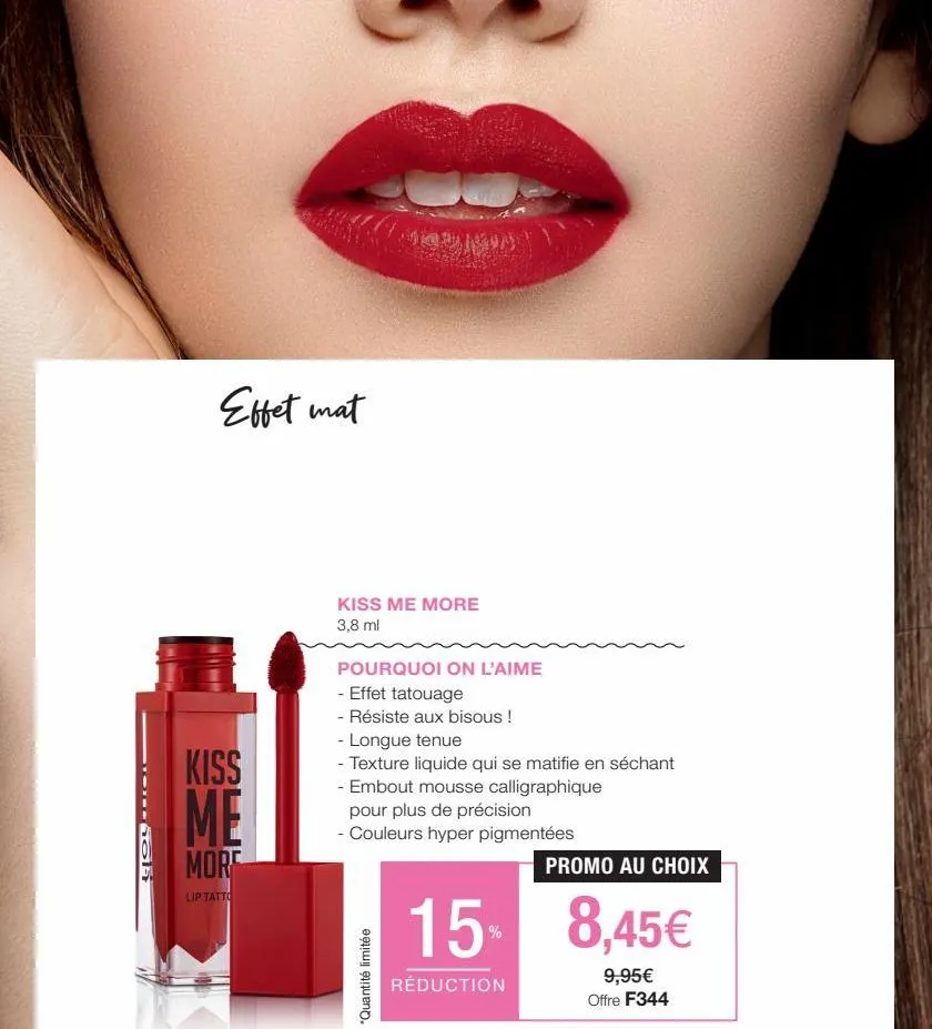 socie  effet mat  kiss mf  more  lip tatto  kiss me more 3,8 ml  pourquoi on l'aime  - effet tatouage  - résiste aux bisous !  - longue tenue  - texture liquide qui se matifie en séchant  - embout mou