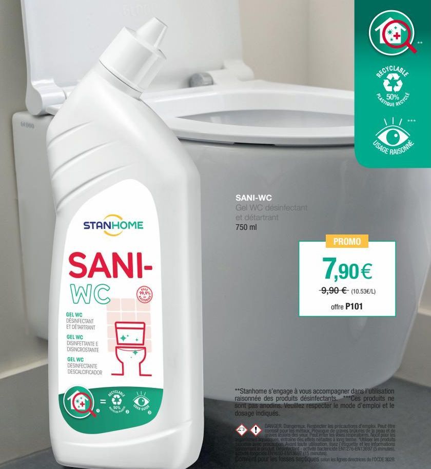 64000  STANHOME  SANI-WC  GEL WC DÉSINFECTANT ET DETARTRANT  GEL WC DISINFETTANTE E DISINCROSTANTE  GEL WC DESINFECTANTE DESCALCIFICADOR  KALE 99,9% ACTUR  DC  50% USER GUIDA  SANI-WC  Gel WC desinfec