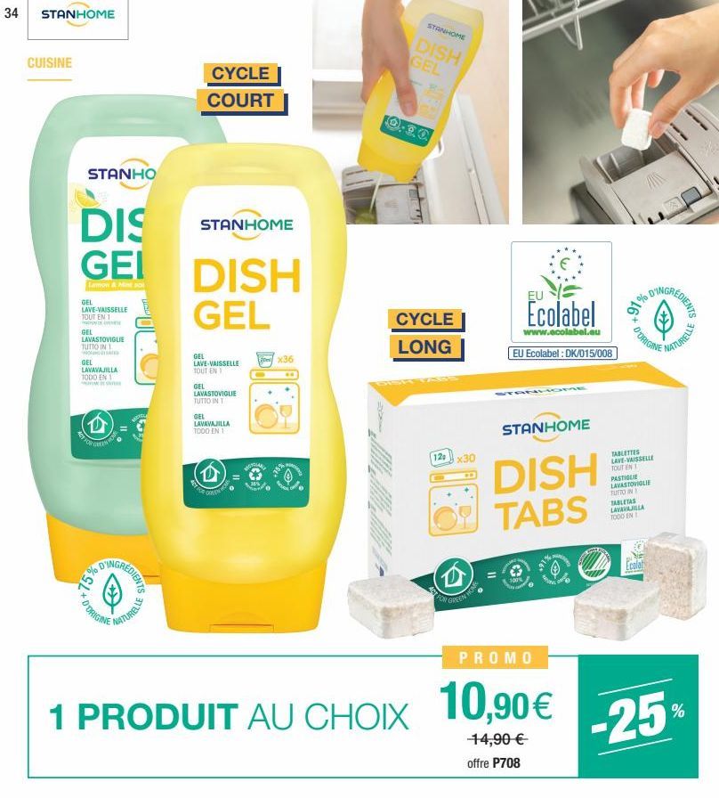 34  STANHOME  CUISINE  STANHO  DIS GEI  Lamon & Mint son  GEL  LAVE-VAISSELLE  TOUT EN 1  GEL  LAVASTOVIGLIE TUTTO IN 1  EVENE  GEL LAVAVAJILLA TODO EN 1  A0FF0  D'ORIGINE  GREEN W  GREDIENTS  SURTE  