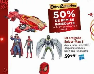 offre exclusive  50%  de remise immédiate sur le 2 jouet marvel/ hasbro (1)  jet araignée spider-man 3  avec 2 lance-projectiles. 3 figurines incluses. dès 4 ans. réf. 868699  59 €95 
