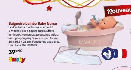 baignoire balnéo baby nurse la douchette fonctionne vraiment ! 2 modes: jets d'eau et bulles. effets lumineux. nombreux accessoires inclus. pour poupon jusqu'à 42 cm (non fourni). 30 x 39,5 x 23 cm. f
