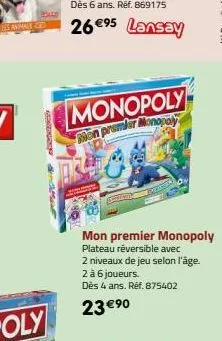 kringgingarning  saber port  monopoly  mon premier monopoly  mon premier monopoly plateau réversible avec  2 niveaux de jeu selon l'âge.  2 à 6 joueurs.  dès 4 ans. réf. 875402  23 €⁹0 