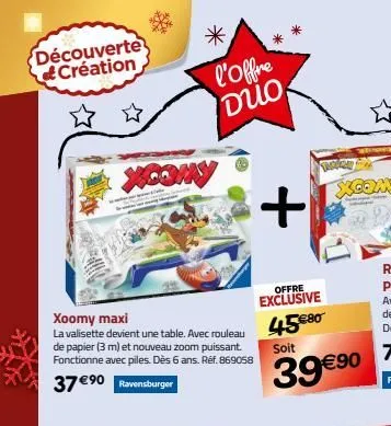 Promo Découverte Création Xoomy maxi La valisette devient une table. Avec  rouleau de papier (3 m) et nouveau zoom puissant. Fonctionne avec piles.  Dès 6 ans. Réf. 869058 37 €90 Ravensburger Xcony l'off Géant Casino