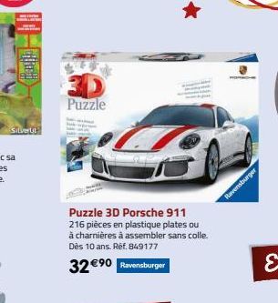 Silverul  Puzzle  Puzzle 3D Porsche 911 216 pièces en plastique plates ou à charnières à assembler sans colle. Dès 10 ans. Réf. 849177  32€90 Ravensburger  Ravensburger 